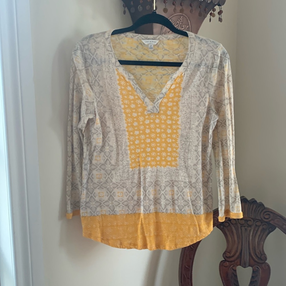 Lucky Brand Yellow/Gray/Beige Floral Print‎ V-Neck Casual L/S Boho Top Size S